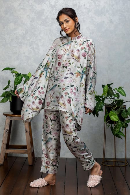 Buy Rhe-Ana Grey Silk Floral Print Band Tunic And Pant Set Online at Aza Fashions Buy_Rhe-Ana_Grey Silk Floral Print Band Tunic And Pant Set _Online_at_Aza_Fashions