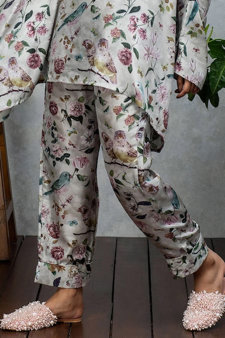 Shop Rhe-Ana Grey Silk Floral Print Band Tunic And Pant Set Online at Aza Fashions Shop_Rhe-Ana_Grey Silk Floral Print Band Tunic And Pant Set _Online_at_Aza_Fashions