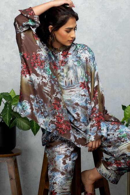 Rhe-Ana Beige Silk Floral Band Tunic And Pant Set at Aza Fashions Rhe-Ana_Beige Silk Floral Band Tunic And Pant Set _at_Aza_Fashions