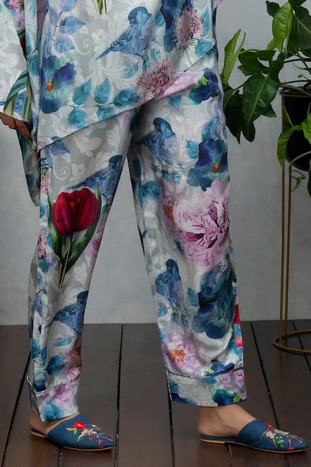 Shop Rhe-Ana Grey Silk Floral Band Tunic And Pant Set Online at Aza Fashions Shop_Rhe-Ana_Grey Silk Floral Band Tunic And Pant Set _Online_at_Aza_Fashions