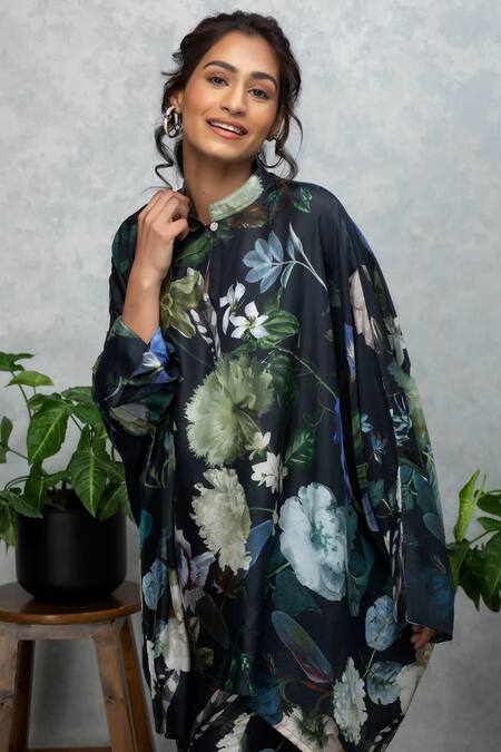 Rhe-Ana Black Silk Floral Print Band Tunic And Pant Set at Aza Fashions Rhe-Ana_Black Silk Floral Print Band Tunic And Pant Set _at_Aza_Fashions