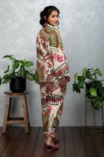 Rhe-Ana_Beige Cotton Tropical Collared Neck Shirt And Pant Set_Online_at_Aza_Fashions