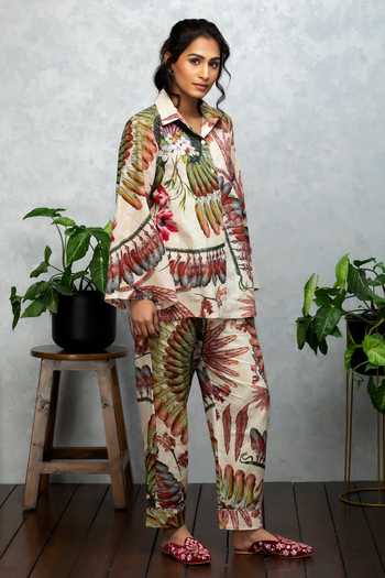 Buy_Rhe-Ana_Beige Cotton Tropical Collared Neck Shirt And Pant Set_Online_at_Aza_Fashions