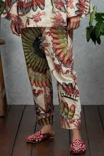Shop_Rhe-Ana_Beige Cotton Tropical Collared Neck Shirt And Pant Set_Online_at_Aza_Fashions