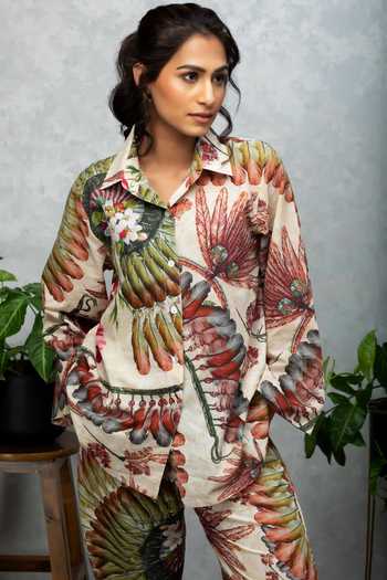 Rhe-Ana_Beige Cotton Tropical Collared Neck Shirt And Pant Set_at_Aza_Fashions