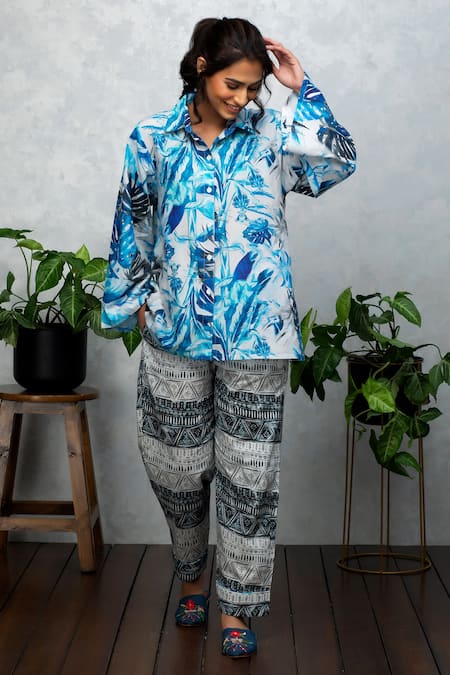 Rhe-Ana Blue Cotton Tropical And Geometric Print Collared Neck Shirt & Pant Set 