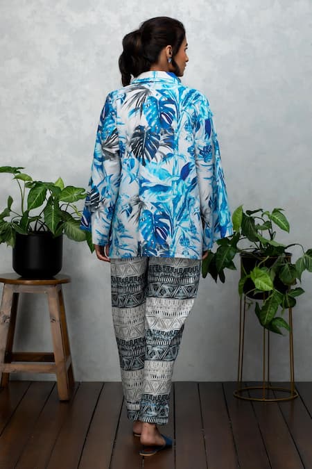 Shop Rhe-Ana Blue Cotton Tropical And Geometric Print Collared Neck Shirt & Pant Set at Aza Fashions Shop_Rhe-Ana_Blue Cotton Tropical And Geometric Print Collared Neck Shirt & Pant Set _at_Aza_Fashions