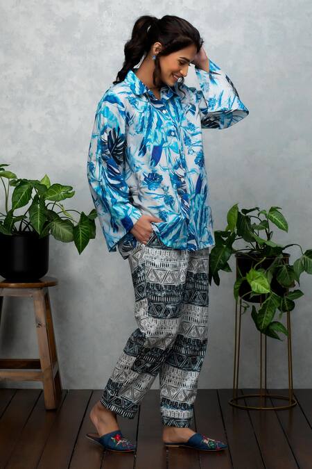 Rhe-Ana Blue Cotton Tropical And Geometric Print Collared Neck Shirt & Pant Set Online at Aza Fashions Rhe-Ana_Blue Cotton Tropical And Geometric Print Collared Neck Shirt & Pant Set _Online_at_Aza_Fashions