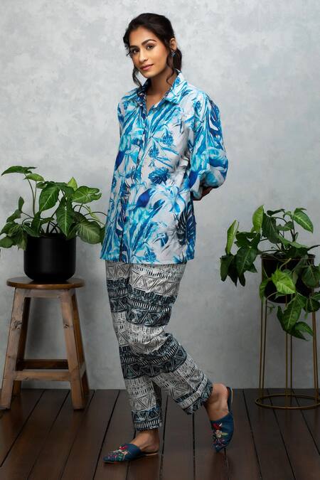 Buy Rhe-Ana Blue Cotton Tropical And Geometric Print Collared Neck Shirt & Pant Set Online at Aza Fashions Buy_Rhe-Ana_Blue Cotton Tropical And Geometric Print Collared Neck Shirt & Pant Set _Online_at_Aza_Fashions