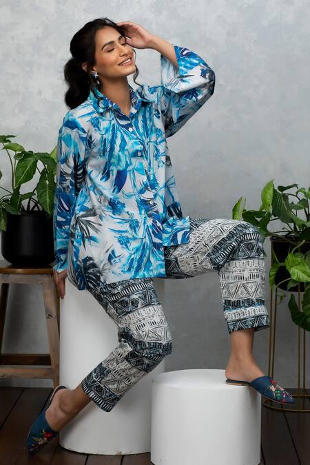 Shop Rhe-Ana Blue Cotton Tropical And Geometric Print Collared Neck Shirt & Pant Set Online at Aza Fashions Shop_Rhe-Ana_Blue Cotton Tropical And Geometric Print Collared Neck Shirt & Pant Set _Online_at_Aza_Fashions