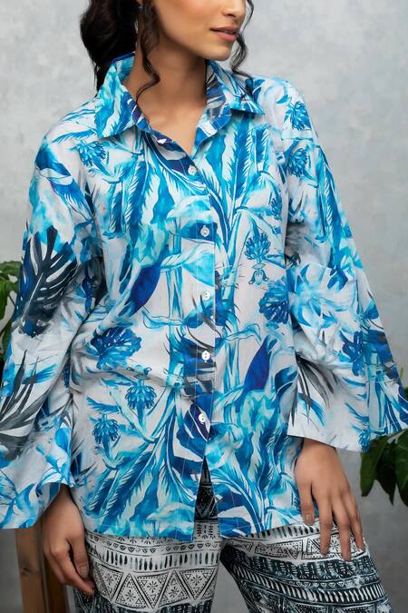 Rhe-Ana Blue Cotton Tropical And Geometric Print Collared Neck Shirt & Pant Set at Aza Fashions Rhe-Ana_Blue Cotton Tropical And Geometric Print Collared Neck Shirt & Pant Set _at_Aza_Fashions