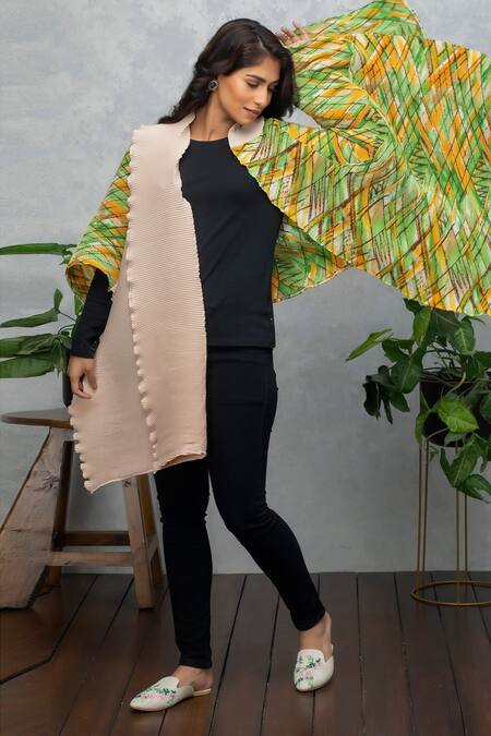Rhe-Ana Yellow Permanently Pleated Abstract Open Neck Cape Online at Aza Fashions Rhe-Ana_Yellow Permanently Pleated Abstract Open Neck Cape _Online_at_Aza_Fashions