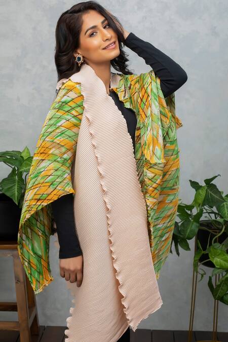 Buy Rhe-Ana Yellow Permanently Pleated Abstract Open Neck Cape Online at Aza Fashions Buy_Rhe-Ana_Yellow Permanently Pleated Abstract Open Neck Cape _Online_at_Aza_Fashions
