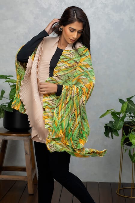 Shop Rhe-Ana Yellow Permanently Pleated Abstract Open Neck Cape Online at Aza Fashions Shop_Rhe-Ana_Yellow Permanently Pleated Abstract Open Neck Cape _Online_at_Aza_Fashions