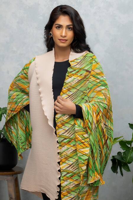 Rhe-Ana Yellow Permanently Pleated Abstract Open Neck Cape at Aza Fashions Rhe-Ana_Yellow Permanently Pleated Abstract Open Neck Cape _at_Aza_Fashions