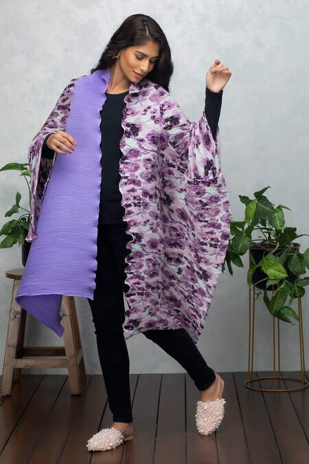 Rhe-Ana Purple Permanently Pleated Floral Open Neck Cape Online at Aza Fashions Rhe-Ana_Purple Permanently Pleated Floral Open Neck Cape _Online_at_Aza_Fashions