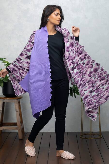 Shop Rhe-Ana Purple Permanently Pleated Floral Open Neck Cape Online at Aza Fashions Shop_Rhe-Ana_Purple Permanently Pleated Floral Open Neck Cape _Online_at_Aza_Fashions