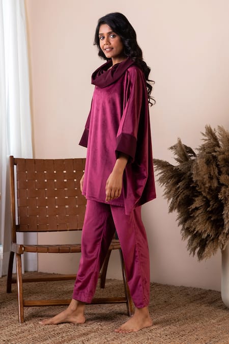 Shop Rhe-Ana Maroon 100% Polyester Plain Cowl Neck Wallis Top And Joggers Set at Aza Fashions Shop_Rhe-Ana_Maroon 100% Polyester Plain Cowl Neck Wallis Top And Joggers Set _at_Aza_Fashions
