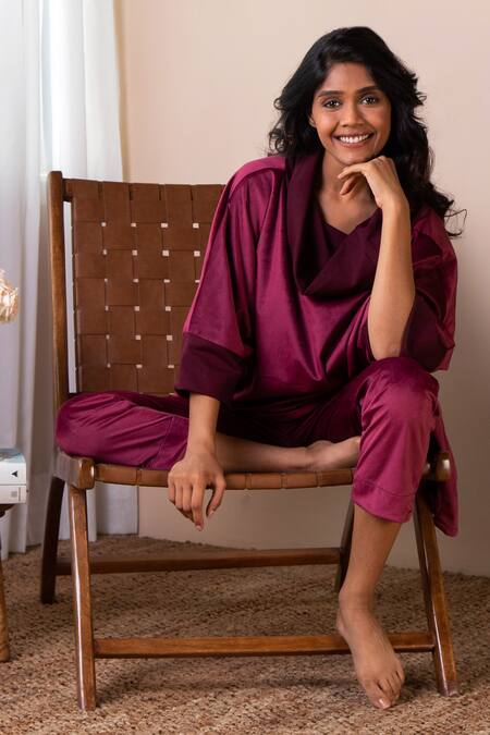 Shop Rhe-Ana Maroon 100% Polyester Plain Cowl Neck Wallis Top And Joggers Set Online at Aza Fashions Shop_Rhe-Ana_Maroon 100% Polyester Plain Cowl Neck Wallis Top And Joggers Set _Online_at_Aza_Fashions