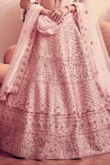 Shop_Jigar & Nikita_Pink Lehenga And Blouse Raw Silk Dupatta Net Floral Embroidered Bridal Set_Online_at_Aza_Fashions