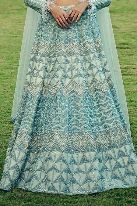 Jigar & Nikita Blue Silk, Net Sequins V Neck Embellished Bridal Lehenga Set Online at Aza Fashions Jigar & Nikita_Blue Silk, Net Sequins V Neck Embellished Bridal Lehenga Set_Online_at_Aza_Fashions