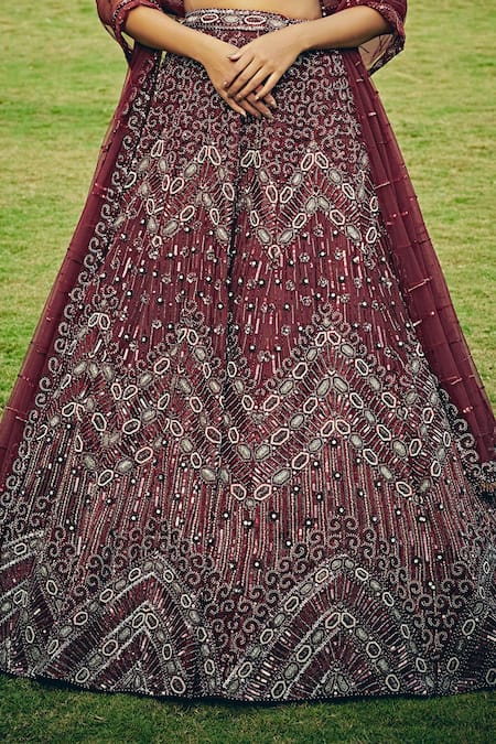 Jigar & Nikita_Red Silk, Net Floral Motifs One Shoulder Applique Lehenga Set_Online_at_Aza_Fashions