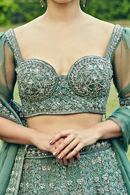 Shop Jigar & Nikita Blue Organza Floral Motifs Sweetheart Neck Embroidered Bridal Lehenga Set at Aza Fashions Shop_Jigar & Nikita_Blue Organza Floral Motifs Sweetheart Neck Embroidered Bridal Lehenga Set_at_Aza_Fashions