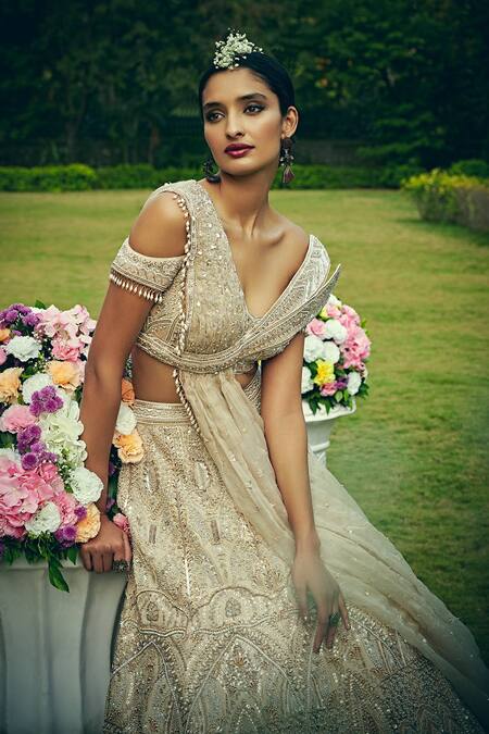 Jigar & Nikita_White Silk, Organza Beads And Sequins V Neck Draped Blouse & Lehenga Set_Online_at_Aza_Fashions