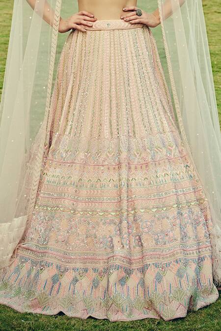 Jigar & Nikita_Pink Net, Velvet Bugle Beads V Neck Embroidered Bridal Lehenga Set_Online_at_Aza_Fashions