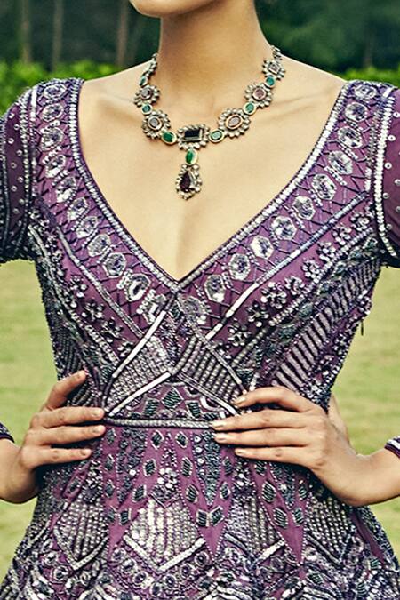 Jigar & Nikita_Purple Silk Metallic V Neck Structured Embroidered Gown_Online_at_Aza_Fashions