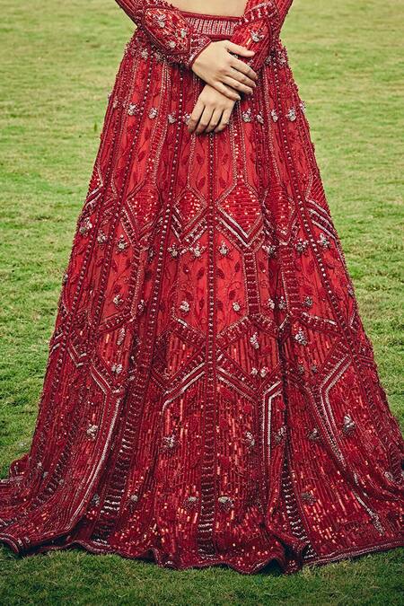 Jigar & Nikita_Red Silk Floral Motifs Plunge V Neck Applique Blouse And Lehenga Set_Online_at_Aza_Fashions