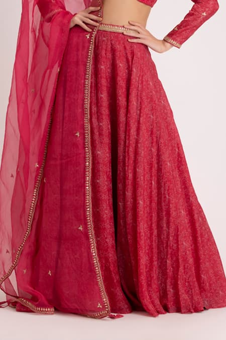 Buy_Koashee By Shubitaa_Red Silk Organza Floral V Neck Print Lehenga Set_Online_at_Aza_Fashions