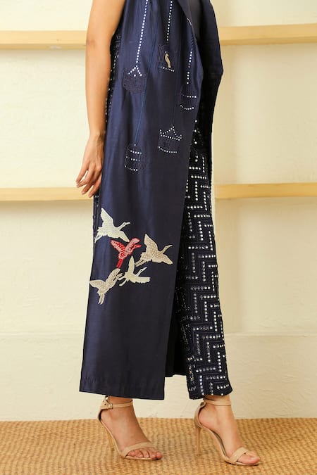 Twenty Nine_Blue "georgette Abstract Mirror Work Cigarette Pant_Online_at_Aza_Fashions