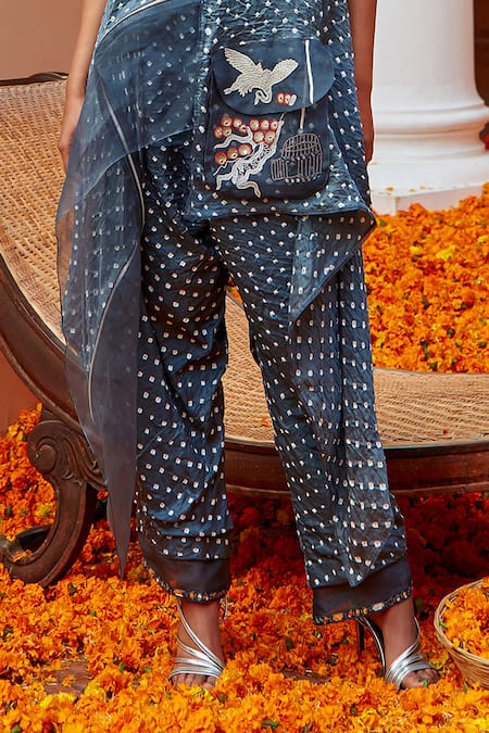 Buy_Twenty Nine_Blue Gajji Silk Bandhani Layered Dhoti Pant_Online_at_Aza_Fashions