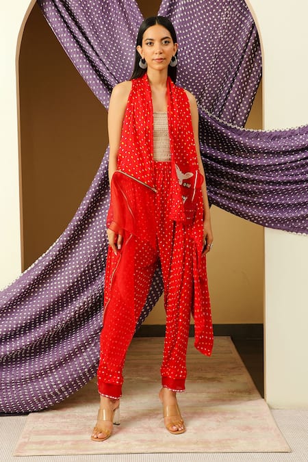 Twenty Nine Red Bandhani Layered Dhoti Pant