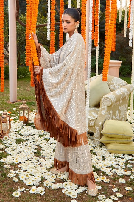 Twenty Nine_Off White "georgette Abstract Geometric Bell Bottom Pant With Tassels_Online_at_Aza_Fashions