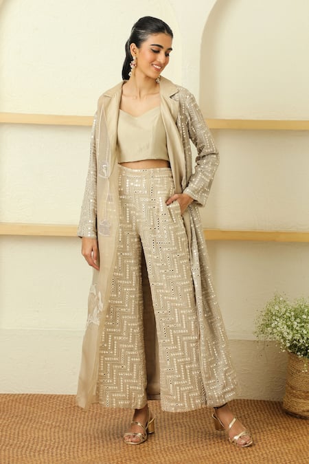 Twenty Nine Beige "georgette Mirror Embroidered Bell Bottom Pant