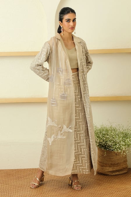 Twenty Nine_Beige "georgette Mirror Embroidered Bell Bottom Pant_Online_at_Aza_Fashions