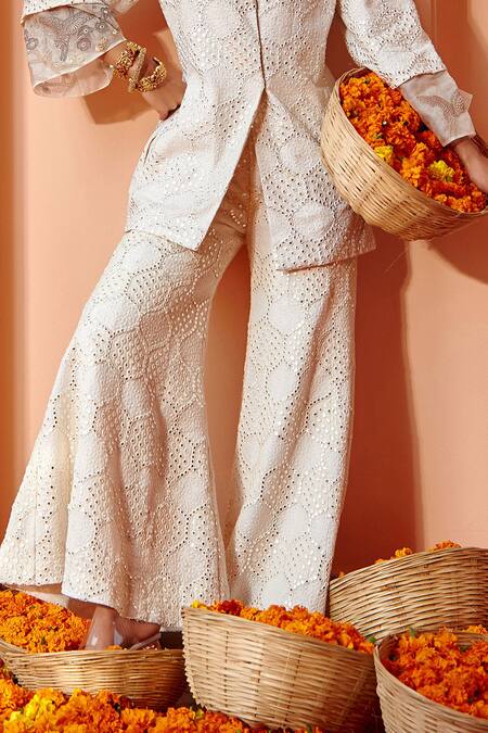 Buy_Twenty Nine_Off White "georgette Mirror Embroidered Bell Bottom Pant_Online_at_Aza_Fashions