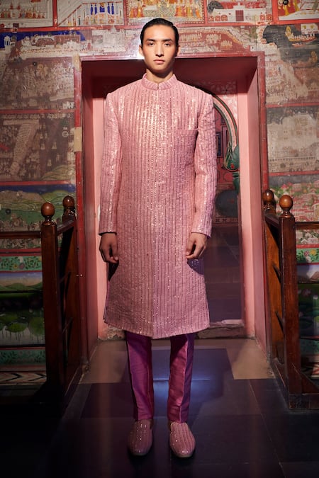 Jigar & Nikita Purple Sherwani Work And Pant Set  