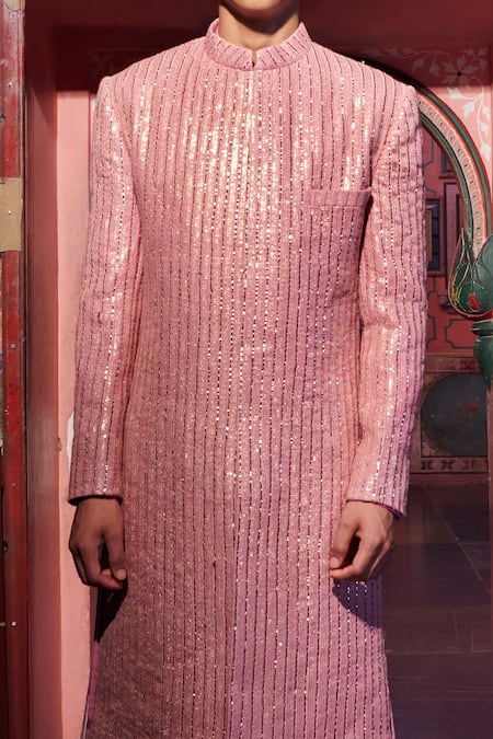 Shop Jigar & Nikita Purple Pant Raw Silk, Sherwani Mukaish Work And Set at Aza Fashions Shop_Jigar & Nikita_Purple Pant Raw Silk, Sherwani Mukaish Work And Set_at_Aza_Fashions