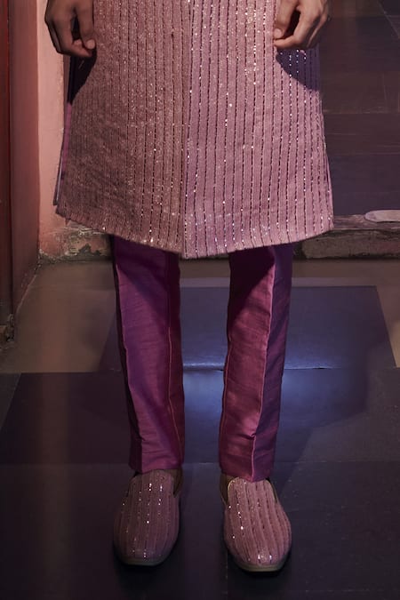 Jigar & Nikita Purple Pant Raw Silk, Sherwani Mukaish Work And Set Online at Aza Fashions Jigar & Nikita_Purple Pant Raw Silk, Sherwani Mukaish Work And Set_Online_at_Aza_Fashions