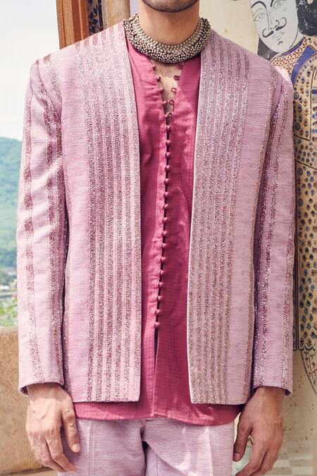 Jigar & Nikita_Purple Jacket And Pant Textured, Shirt Cotton Blend Open & Set_Online_at_Aza_Fashions