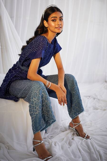 Twenty Nine_Blue Crushed Raidaana Silk Bandhani Bell Bottom Pant _Online_at_Aza_Fashions