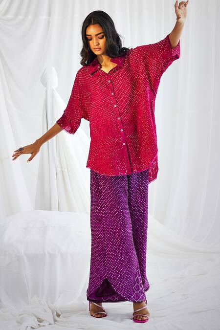 Buy Twenty Nine Purple Crushed Raidaana Silk Bandhani Flared Pant Online at Aza Fashions Buy_Twenty Nine_Purple Crushed Raidaana Silk Bandhani Flared Pant _Online_at_Aza_Fashions