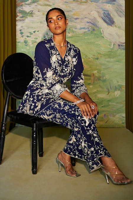 Twenty Nine_Blue Crepe Parsi Gara Bell Bottom Pant _Online_at_Aza_Fashions