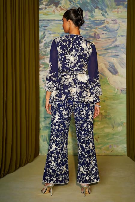 Shop_Twenty Nine_Blue Crepe Parsi Gara Bell Bottom Pant _at_Aza_Fashions