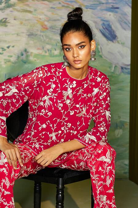 Shop_Twenty Nine_Pink Crepe Embroidered Parsi Gara Cigarette Fit-pant _Online_at_Aza_Fashions