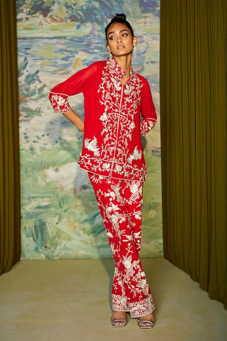 Twenty Nine Red Crepe Parsi Gara Work Cigarette Fit-pant Online at Aza Fashions Twenty Nine_Red Crepe Parsi Gara Work Cigarette Fit-pant _Online_at_Aza_Fashions