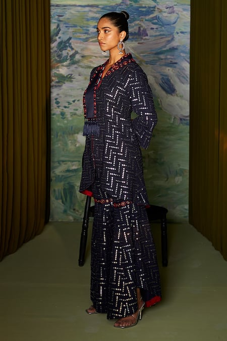 Twenty Nine_Blue Georgette Luckhnowi Mirror Rabari Work Asymmetric Sharara _Online_at_Aza_Fashions